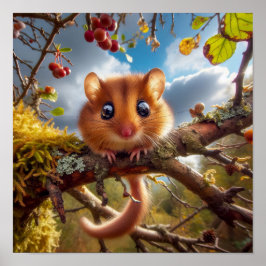 Poster Adorable Hazel Dormouse em uma árvore de floresta