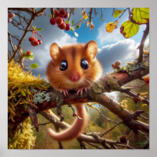 Poster Adorable Hazel Dormouse em uma árvore de floresta