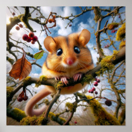 Poster Adorable Hazel Dormouse em uma árvore de floresta