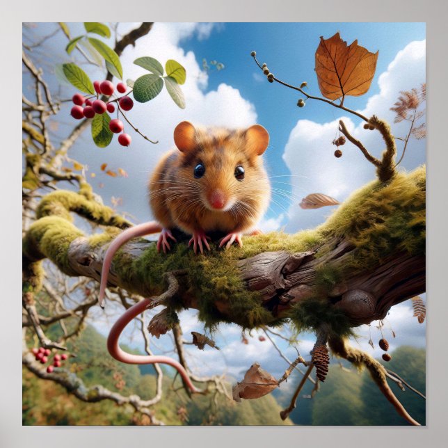 Poster Adorable Hazel Dormouse em uma árvore de floresta (Frente)