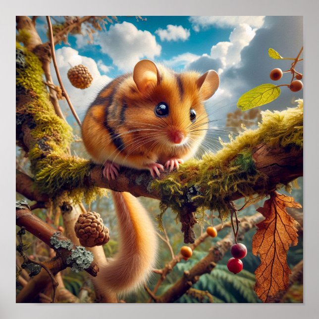Poster Adorable Hazel Dormouse em uma árvore de floresta (Frente)