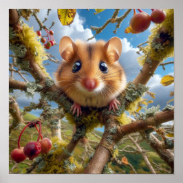 Poster Adorable Hazel Dormouse em uma árvore de floresta