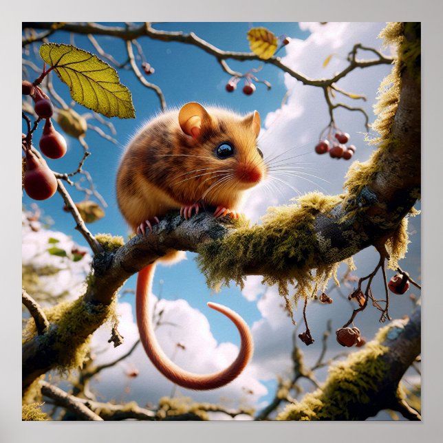 Poster Adorable Hazel Dormouse em uma árvore de floresta (Frente)