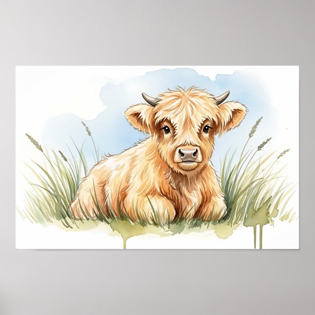 Poster Adorable Highland Calf Watercolor | Cute Nursery (Frente)