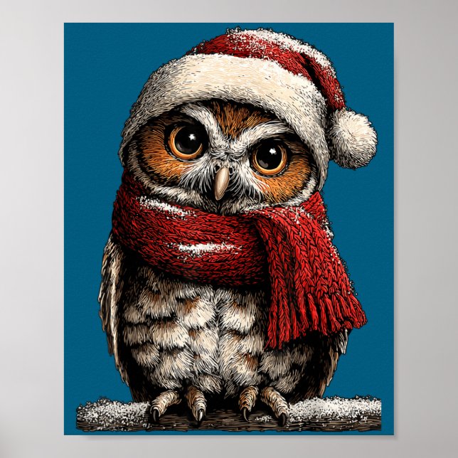Poster Adorable Owl With Santa Hat Snowy Winter Christmas (Frente)