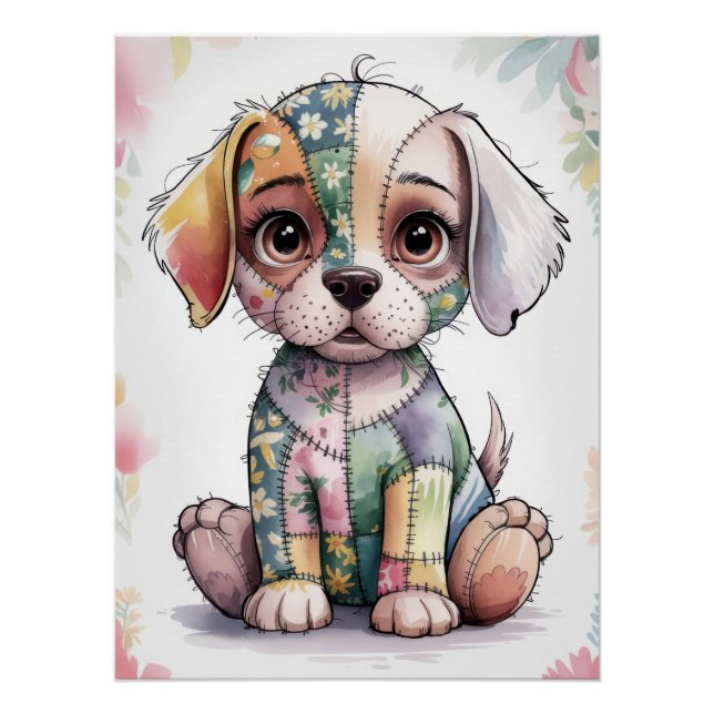 Póster Adorable Patchwork Puppy with Big Eyes - Whimsical (Frente)