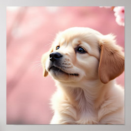 Poster Adorable Puppy Sitting Under Blooming Cherry Trees