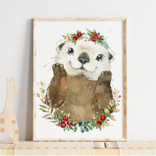 Poster Adorable Sea Otter Nursery Floral Wall Print