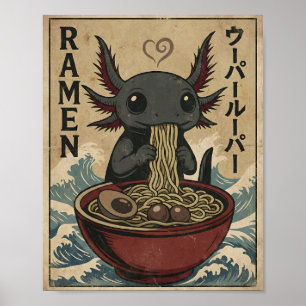 Poster Adorável Arte Japonesa Retro de Ramen Axolotl Maca