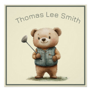 Póster Adorável Bear Golfer Nursery