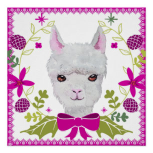 Póster Adorável Bebê Branco Lama Face Fuchsia Rosa Verde