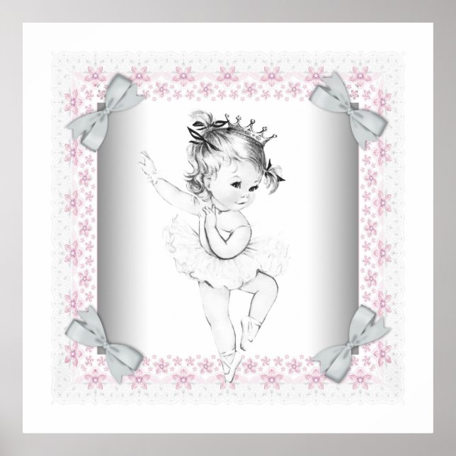 Póster Adorável Bebê Menina Bailarina Rosa Vintage (Frente)