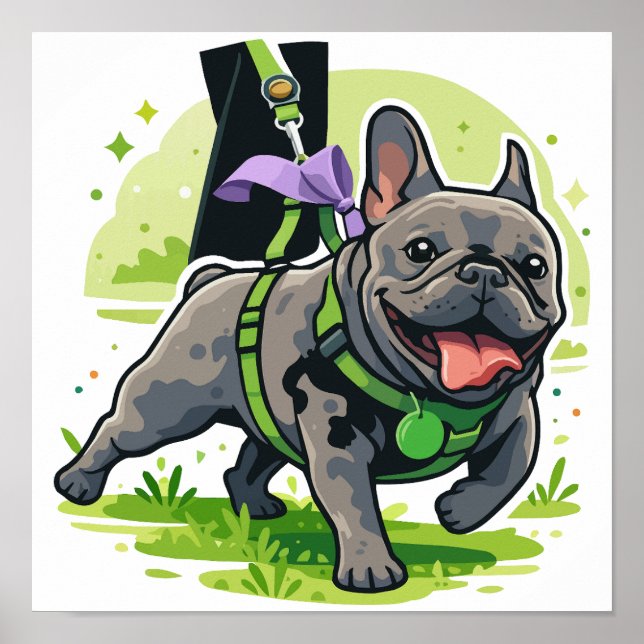 Poster Adorável Bulldog Francês Caminhando no Parque  (Frente)