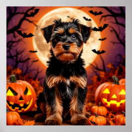 Poster Adorável Cachorrinho com Fundo de Halloween