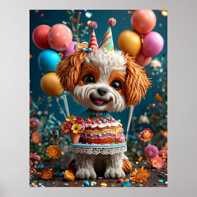 Poster Adorável Cachorrinho Comemora Aniversário (Frente)