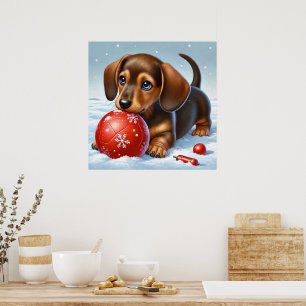 Poster Adorável cachorrinho dachshund brincando na neve