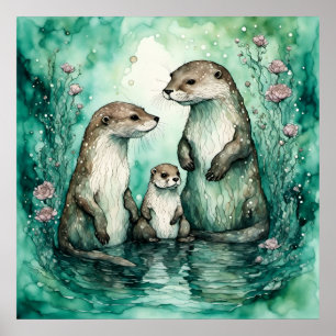 Poster Adorável Família Externa Com A Bebê-Otter