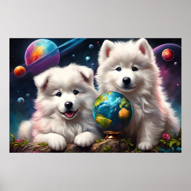 Poster Adorável Fofo Samoyed Puppies, Paz na Terra (Frente)