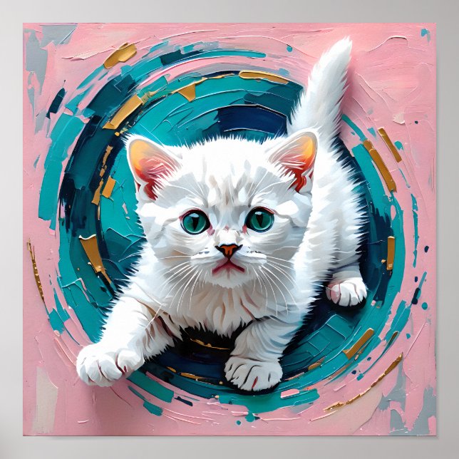 Poster Adorável gatinho branco em redemoinho azul-turques (Frente)
