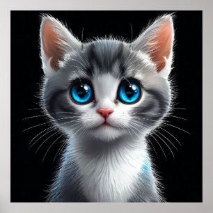 Poster Adorável Gatinho Cinza Com Olhos Azuis Marcantes