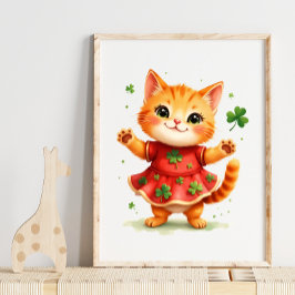 Poster Adorável Gatinho Laranja com Vestido de Trevo de Q