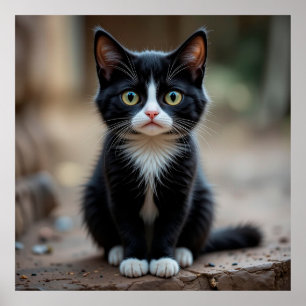 Poster Adorável gatinho preto e branco sentado ao ar livr