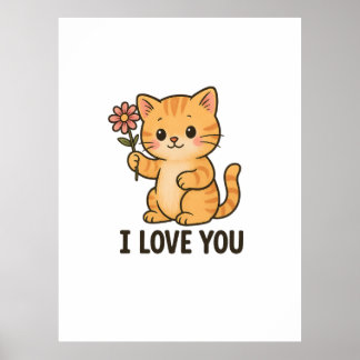 Poster Adorável Gatinho Segurando Flor – EU TE AMO Fofo