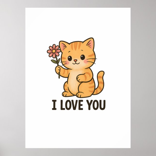 Poster Adorável Gatinho Segurando Flor – EU TE AMO Fofo  (Frente)