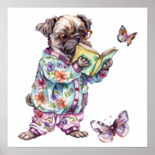 Poster Adorável livro de leitura de pug Pequeno