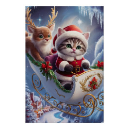 Póster Adorável Maine Coon Papai Noel Kitten em Enchante