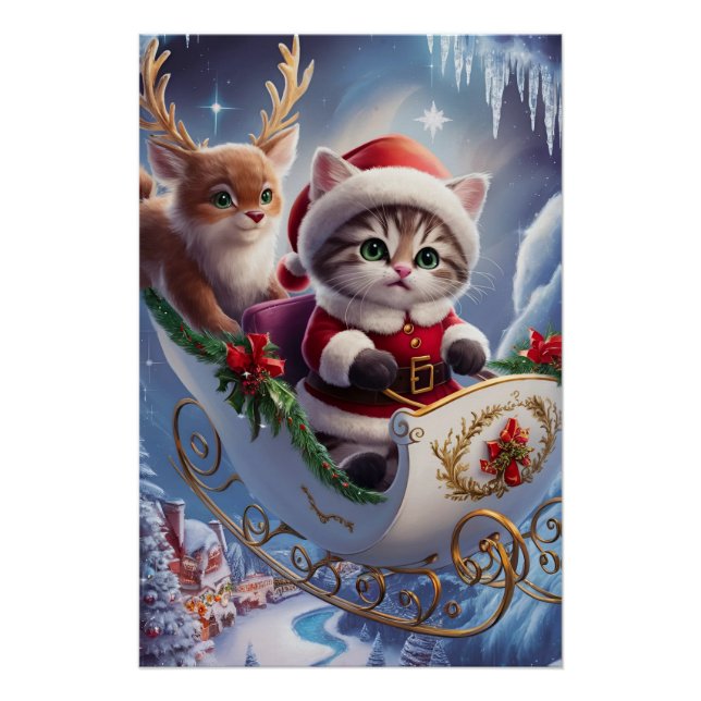 Póster Adorável Maine Coon Papai Noel Kitten em Enchante (Frente)