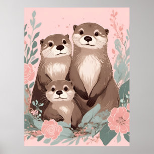 Poster Adorável Otter Boho Rosa Rosa Rosa Pai e Bebê