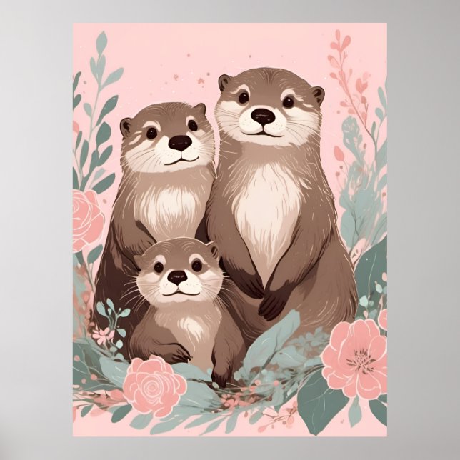 Poster Adorável Otter Boho Rosa Rosa Rosa Pai e Bebê (Frente)