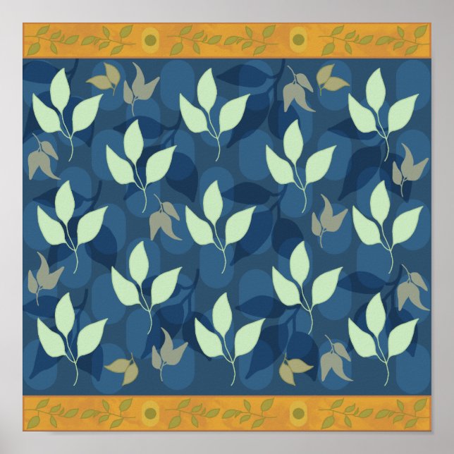 Poster Adorável padrão verde e azul de folha (Frente)