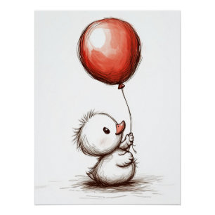 Póster Adorável Patinho Fofo com Balão Vermelho