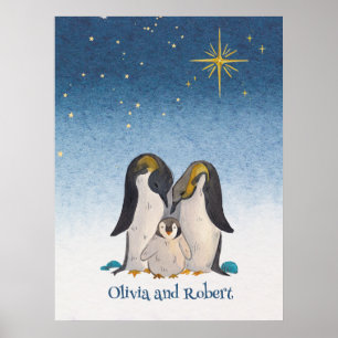 Poster Adorável Pinguin Family Watercolor