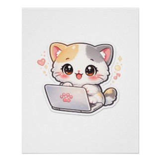 Póster Adorável Poster de Gato Kawaii Trabalhando no Lapt