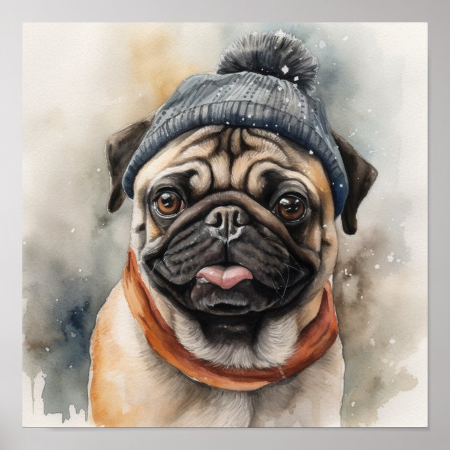 Poster Adorável pug usando um gorro fofo (Frente)