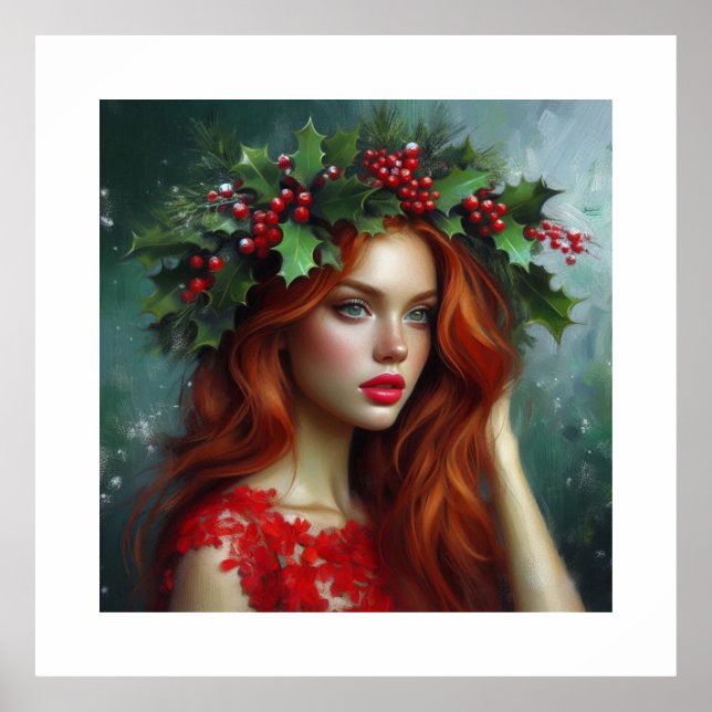 Poster Adorável Senhora de Vermelho com Folhas de Azevinh (Frente)