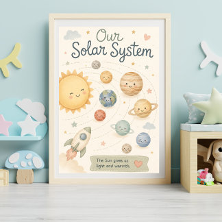 Poster Adorável Sistema Solar Berçário Aquarela Planetas