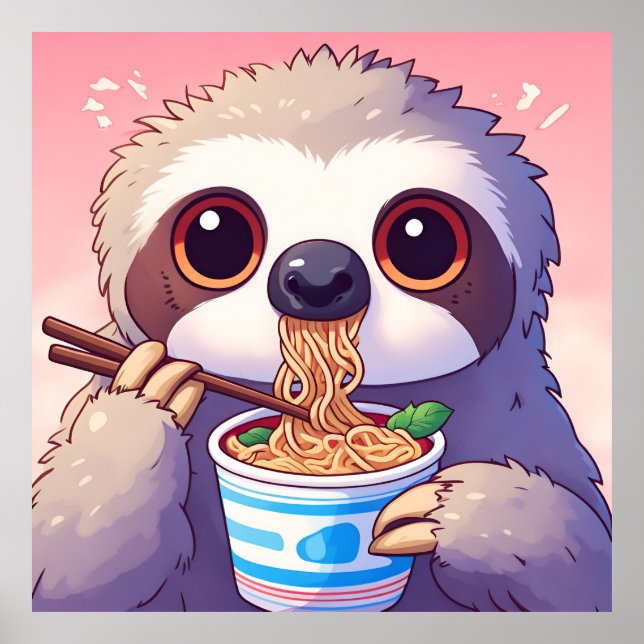 Poster Adorável Sloth Eating Ramen (Frente)