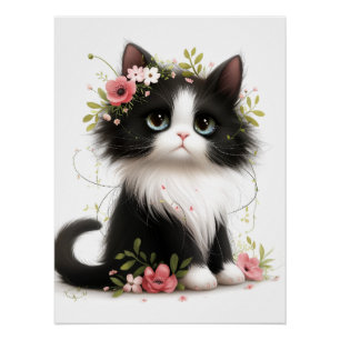 Póster Adorável Tuxedo Kitten com Flores