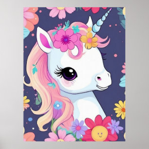 Poster Adorável Unicórnio Branco Bebê com Flores