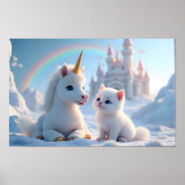 Poster Adorável White Kitten e Baby Unicorn