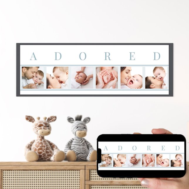 Poster ADORED 6 Foto Collage Blue and White Baby Picture (Adored new baby photo collage for the nursery, living room, grandparent gifts ..)