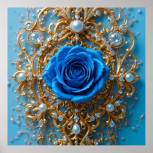 Poster Adorno Dourado com Rosa Azul e Pérola