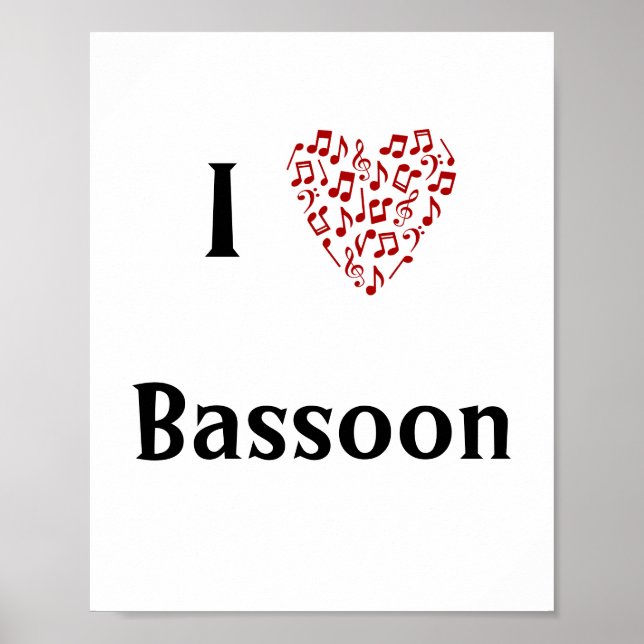 Poster Adoro Bassoon Red Heart of Music Notes (Frente)