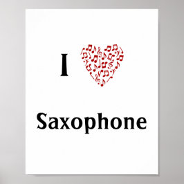 Poster Adoro o Coração Vermelho Saxofone das Notas de Mús