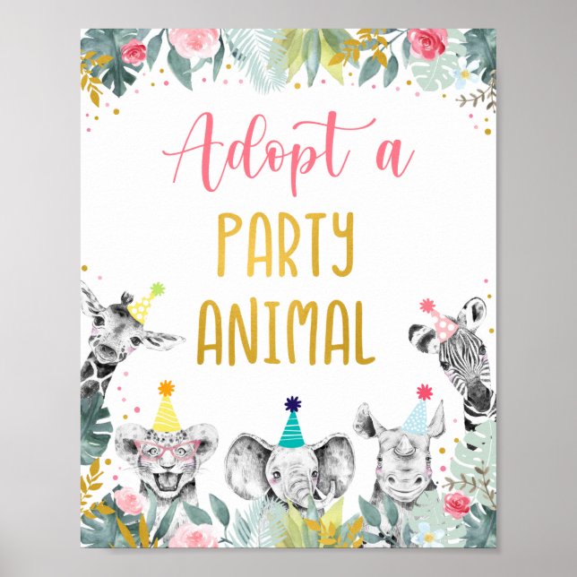 Poster Adotar Um Sinal De Aniversário Dourado Rosa Animal (Frente)