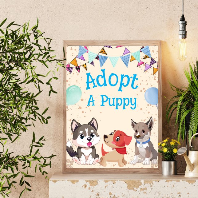 Poster Adotar um sinal de festa de aniversário de cachorr (Adopt a puppy birthday party sign cute puppies blue writing party favor sign)